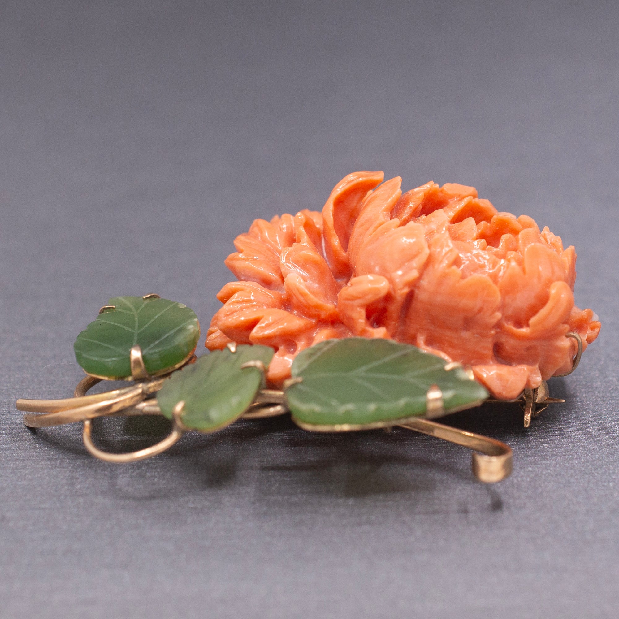 Incredible Carved Coral Chrysanthemum with Jade Leaves Brooch Pin in 18k Yellow Gold