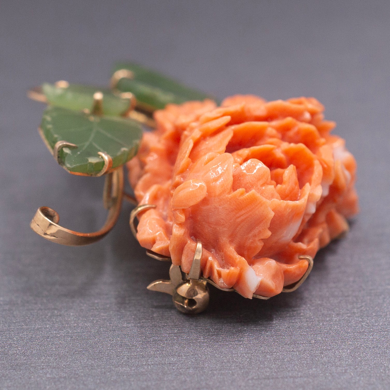 Incredible Carved Coral Chrysanthemum with Jade Leaves Brooch Pin in 18k Yellow Gold