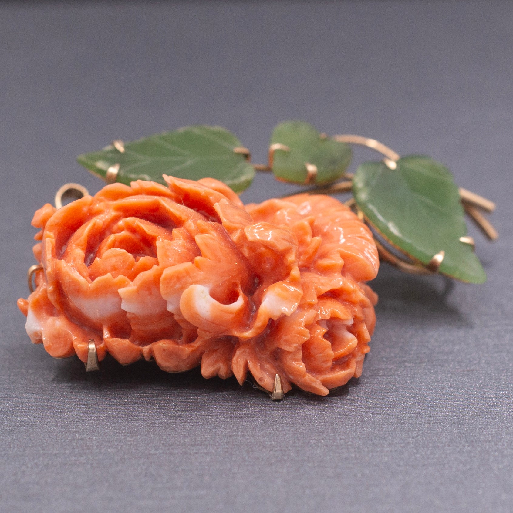 Incredible Carved Coral Chrysanthemum with Jade Leaves Brooch Pin in 18k Yellow Gold