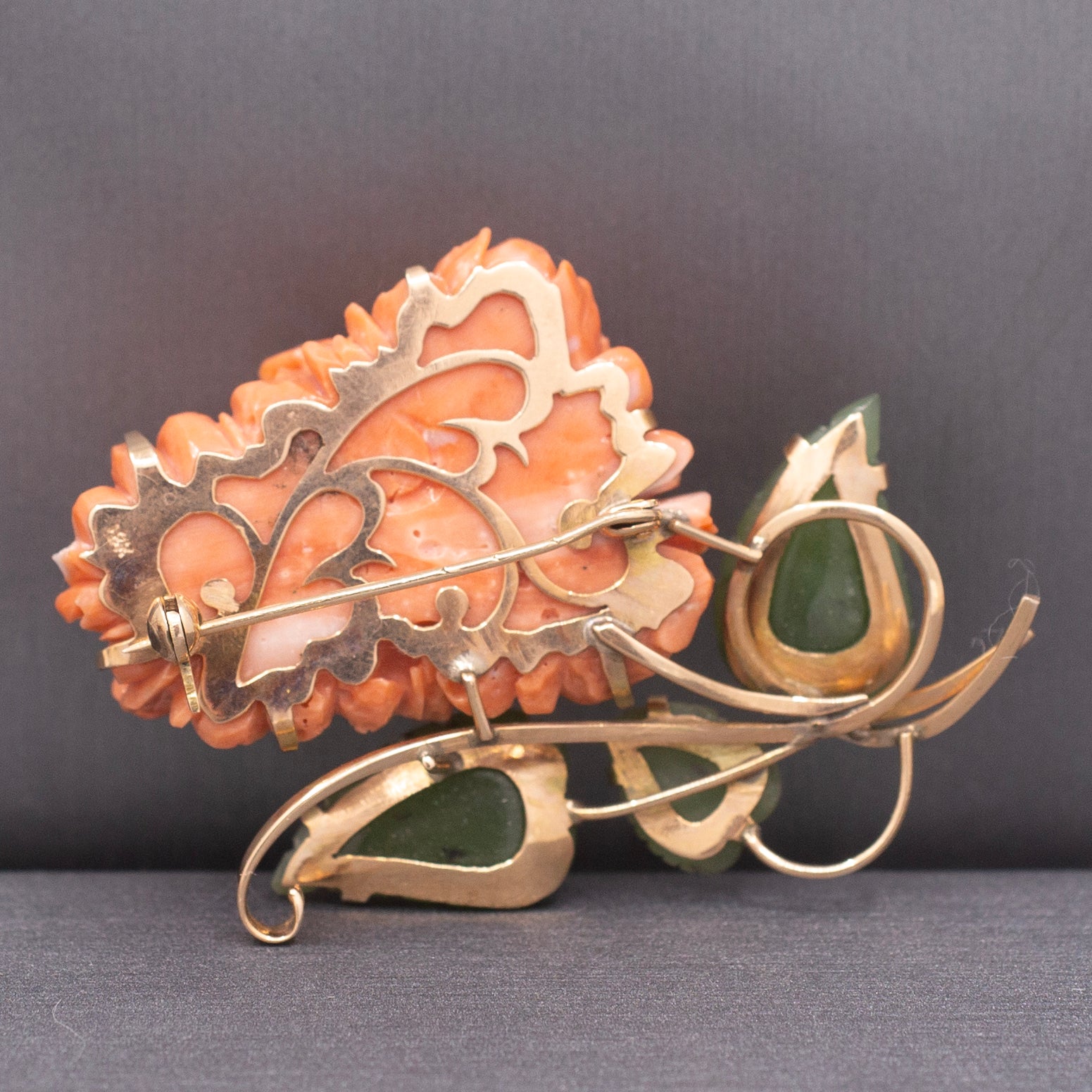 Incredible Carved Coral Chrysanthemum with Jade Leaves Brooch Pin in 18k Yellow Gold
