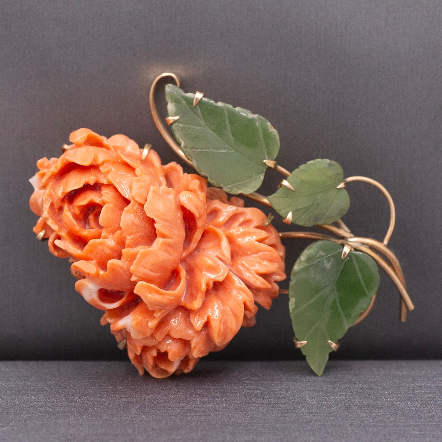 Incredible Carved Coral Chrysanthemum with Jade Leaves Brooch Pin in 18k Yellow Gold