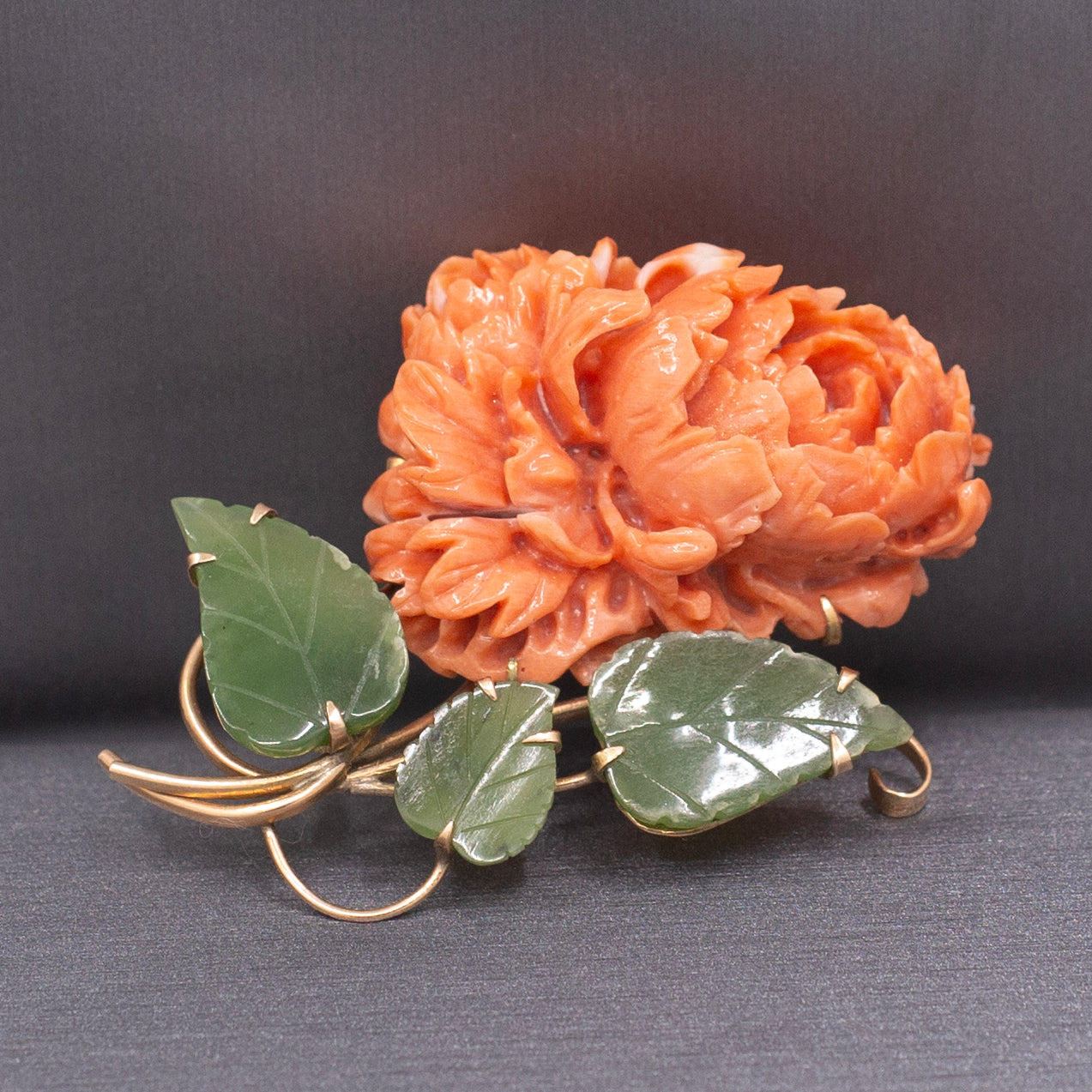 Incredible Carved Coral Chrysanthemum with Jade Leaves Brooch Pin in 18k Yellow Gold