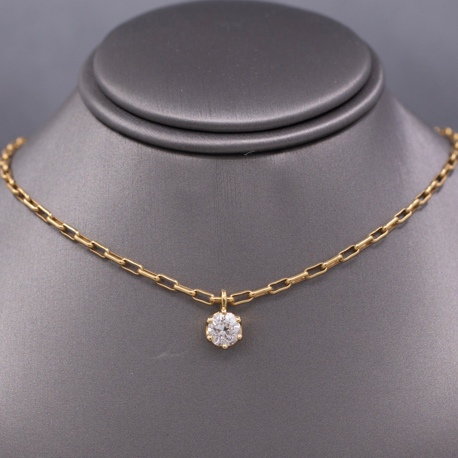 Sparkling Old European Cut Diamond Pendant on Paper Clip Chain in 14k Yellow Gold