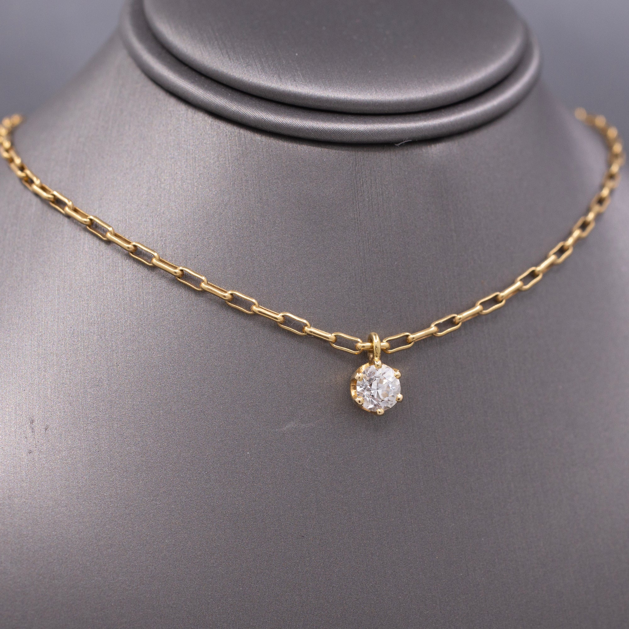 Sparkling Old European Cut Diamond Pendant on Paper Clip Chain in 14k Yellow Gold