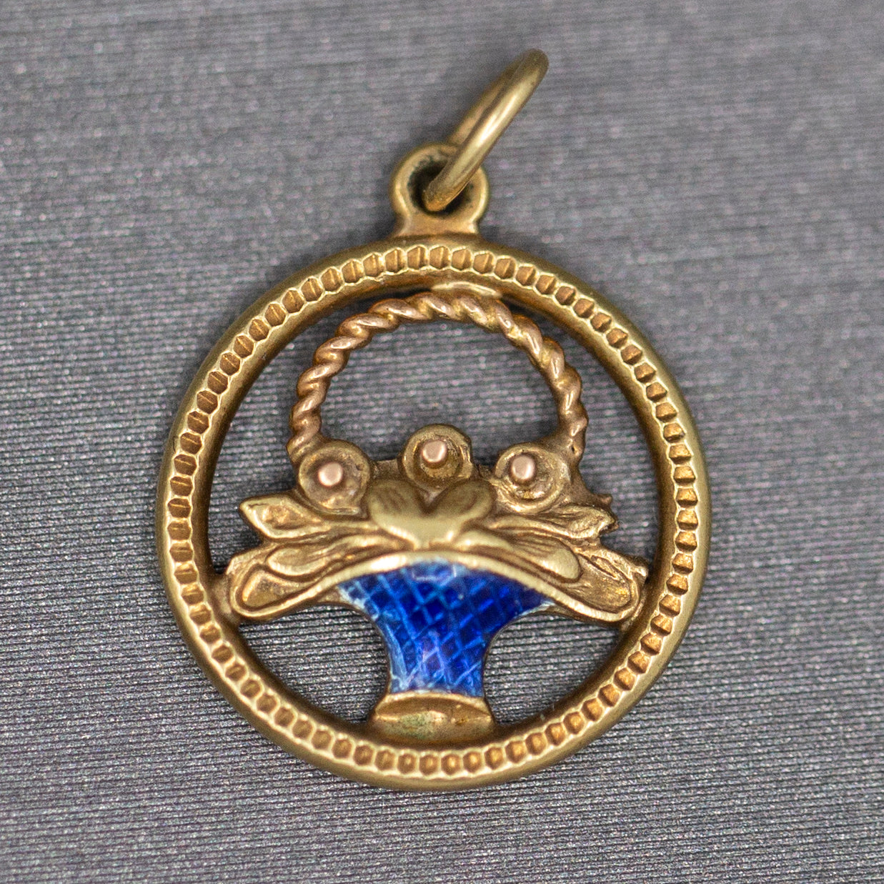 Enamel Flower Basket Charm Pendant in 14k Yellow Gold
