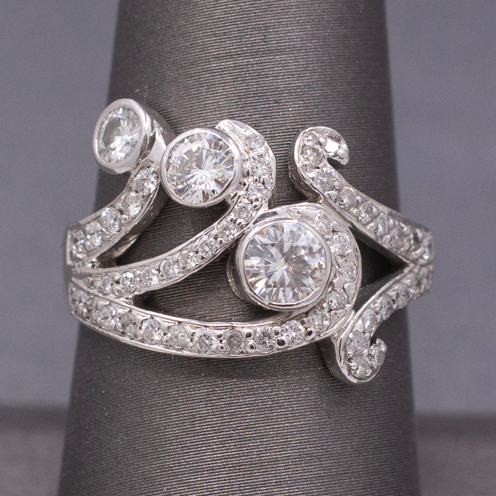 Contemporary Natural Diamond Scroll Statement Cocktail Ring in 14k White Gold