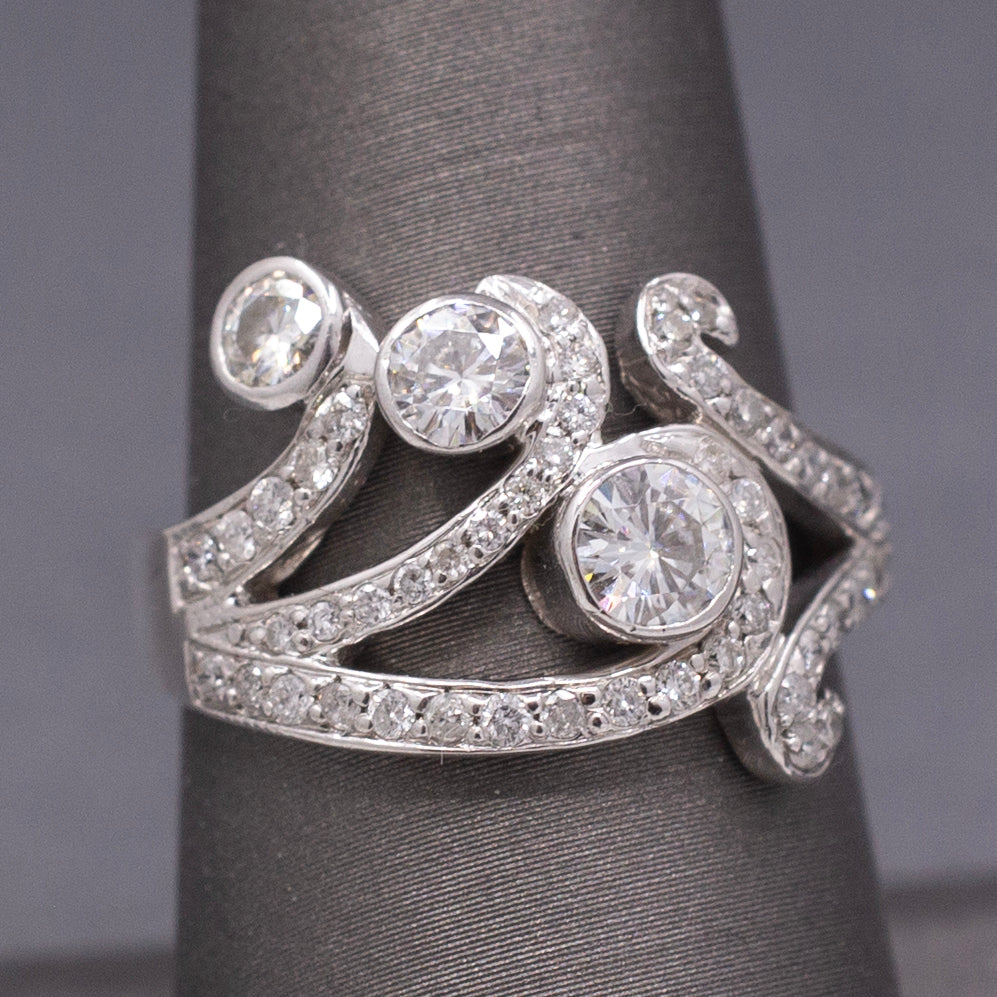 Contemporary Natural Diamond Scroll Statement Cocktail Ring in 14k White Gold