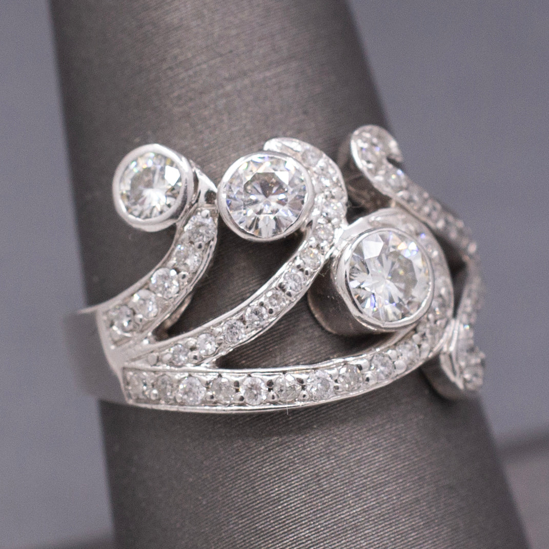 Contemporary Natural Diamond Scroll Statement Cocktail Ring in 14k White Gold
