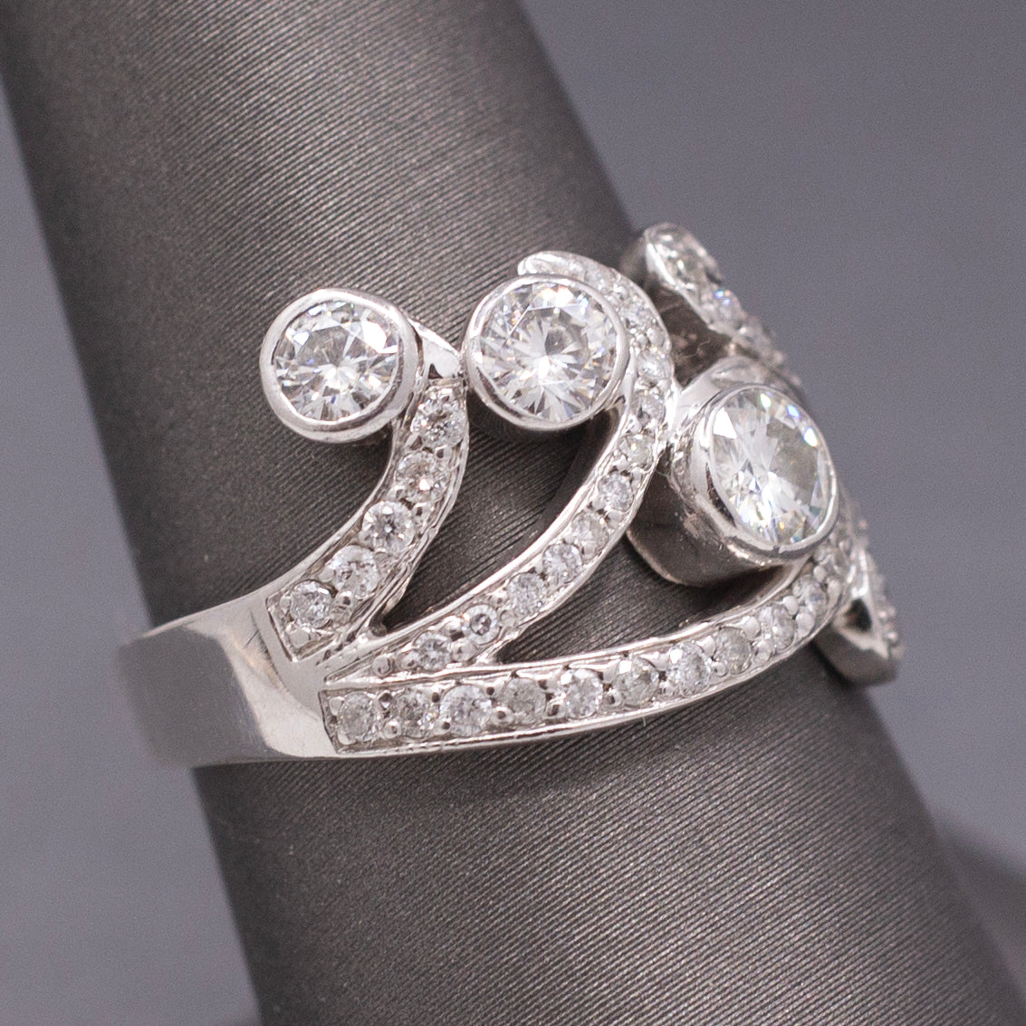 Contemporary Natural Diamond Scroll Statement Cocktail Ring in 14k White Gold