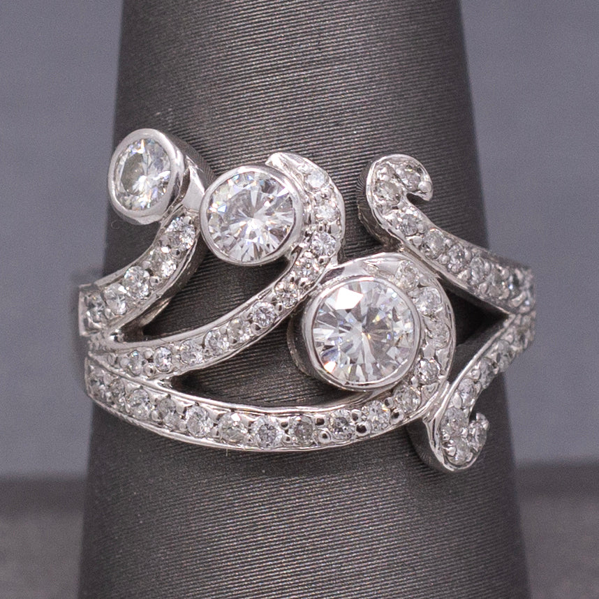 Contemporary Natural Diamond Scroll Statement Cocktail Ring in 14k White Gold