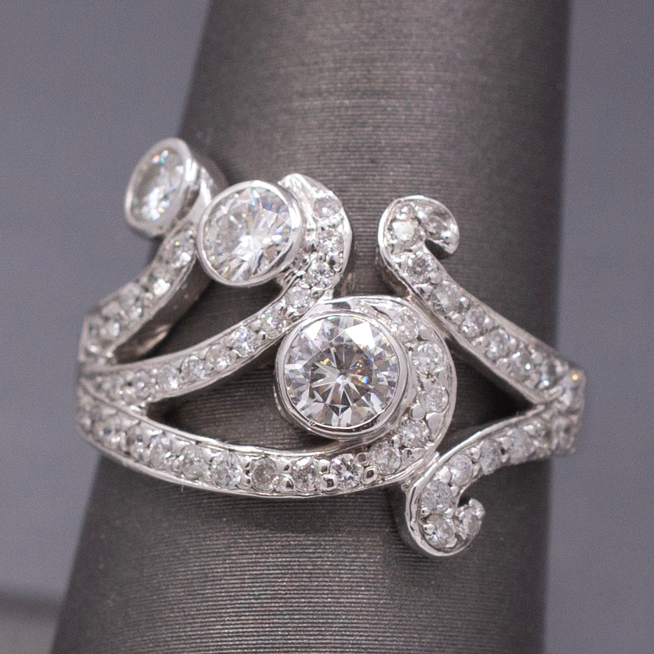 Contemporary Natural Diamond Scroll Statement Cocktail Ring in 14k White Gold