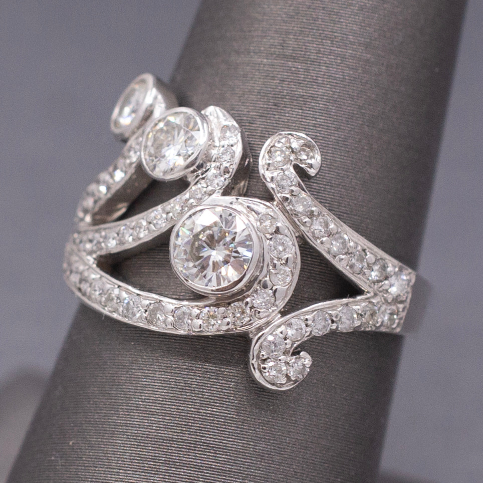 Contemporary Natural Diamond Scroll Statement Cocktail Ring in 14k White Gold