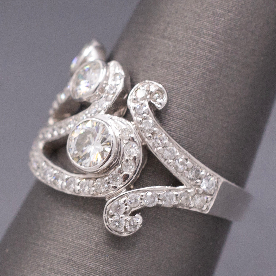 Contemporary Natural Diamond Scroll Statement Cocktail Ring in 14k White Gold
