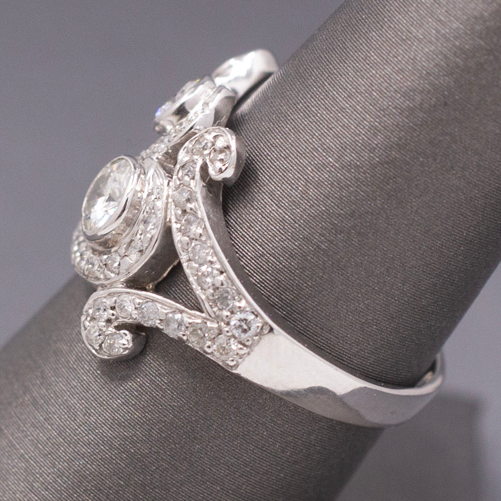 Contemporary Natural Diamond Scroll Statement Cocktail Ring in 14k White Gold
