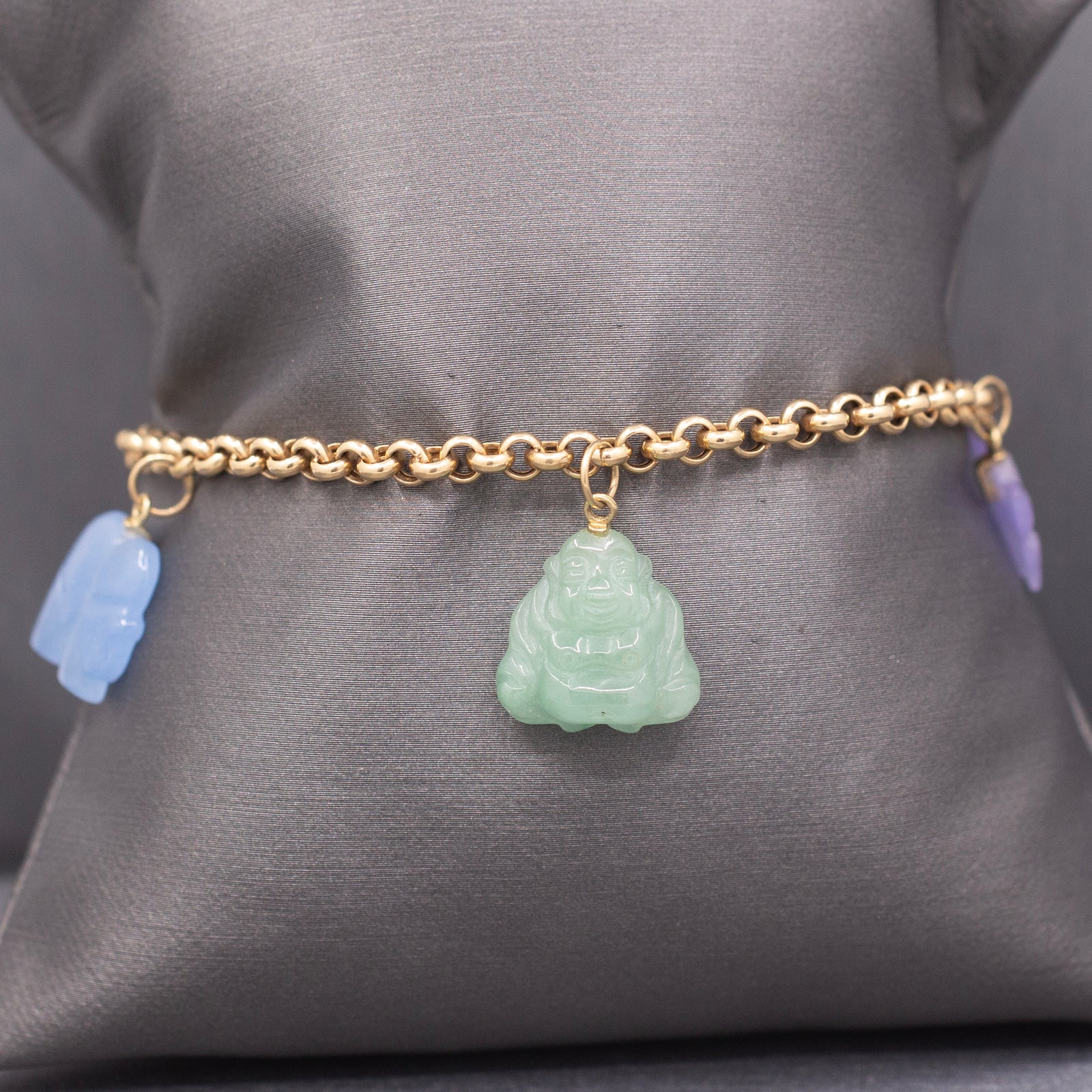 Unique Vintage Colors of Jade Carved Charm Bracelet in 14k Yellow Gold