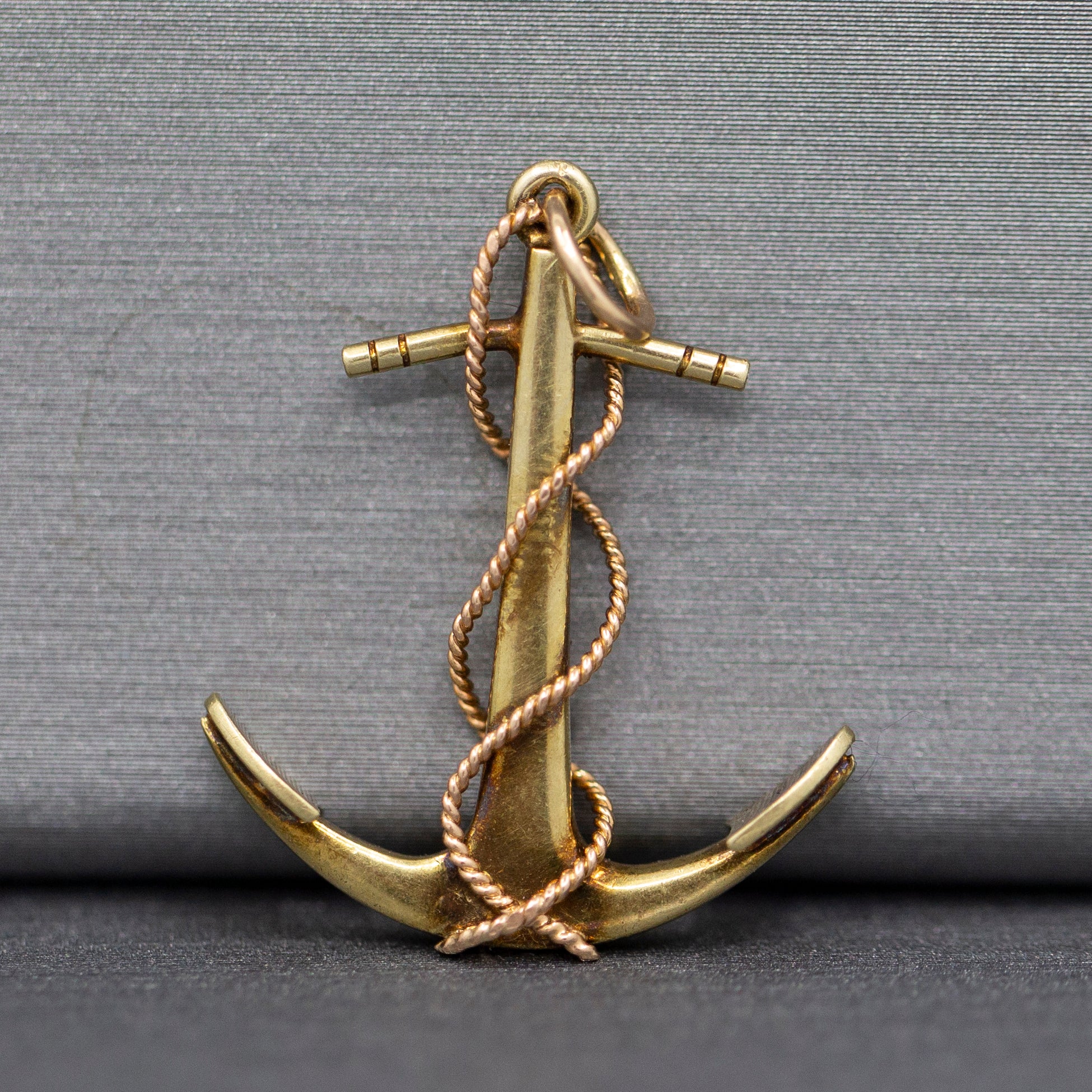 Edwardian Antique Nautical Anchor & Rope Charm Pendant in 14k Yellow Gold