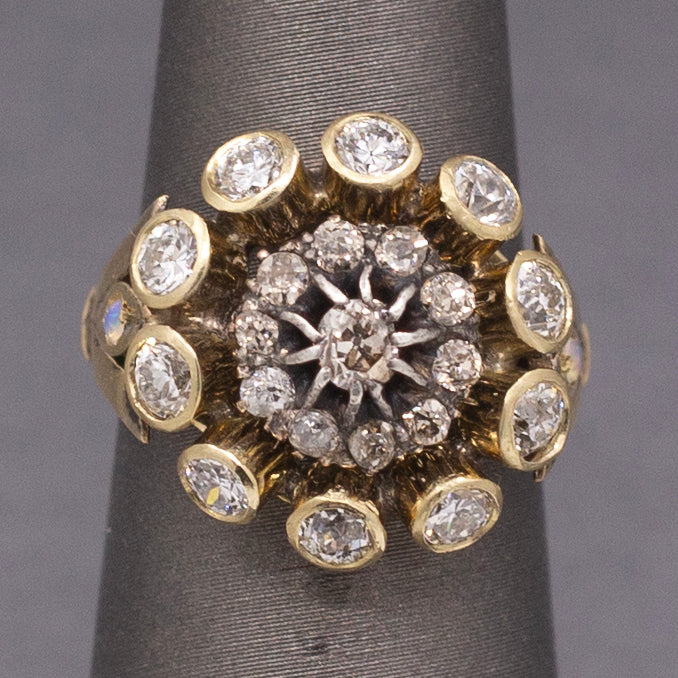 Vintage Old Mine and Old European Cut Diamond Cocktail Ring in 14k Yellow Gold