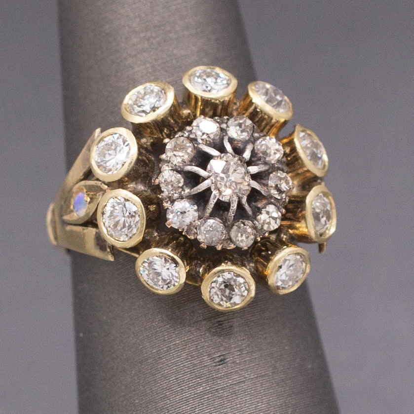 Vintage Old Mine and Old European Cut Diamond Cocktail Ring in 14k Yellow Gold
