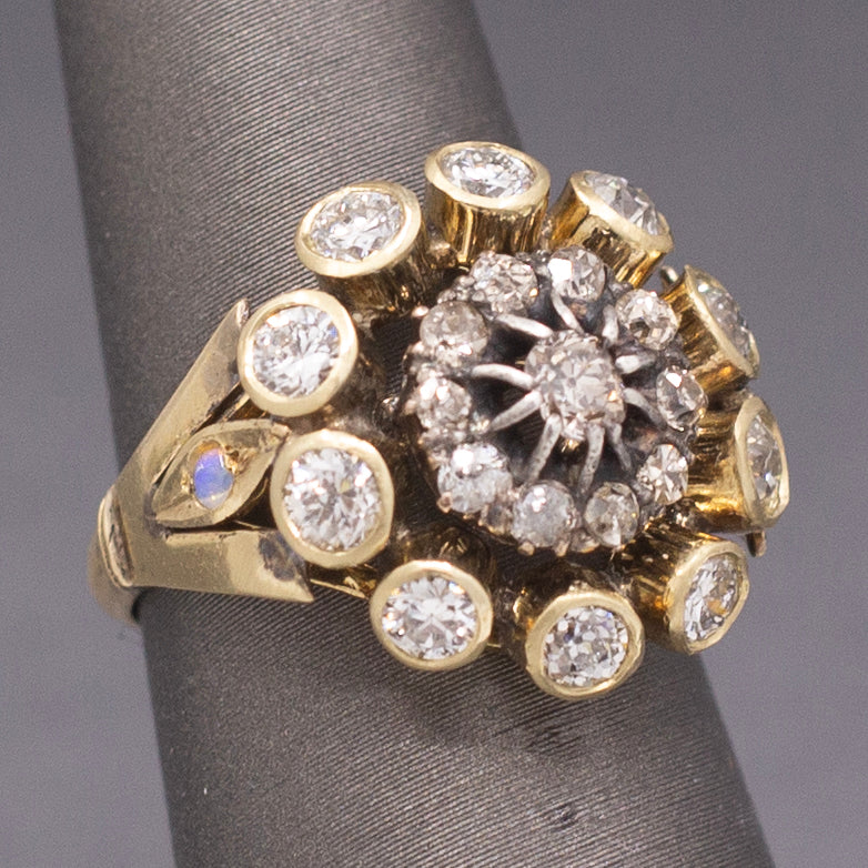 Vintage Old Mine and Old European Cut Diamond Cocktail Ring in 14k Yellow Gold