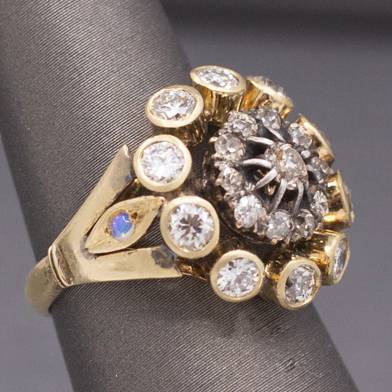 Vintage Old Mine and Old European Cut Diamond Cocktail Ring in 14k Yellow Gold
