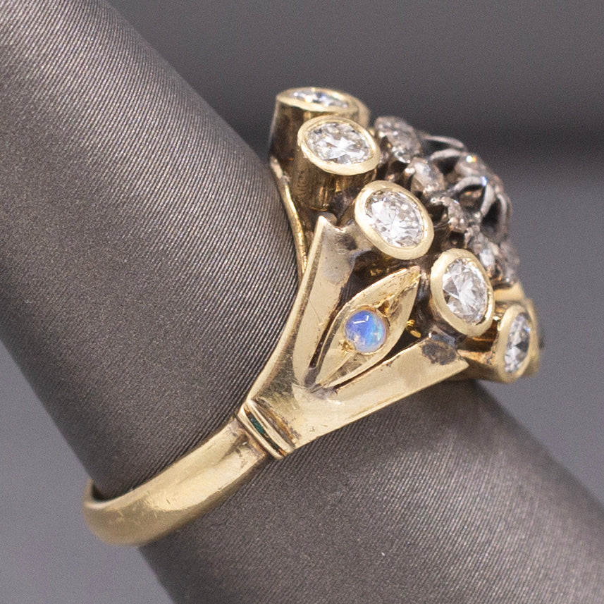 Vintage Old Mine and Old European Cut Diamond Cocktail Ring in 14k Yellow Gold