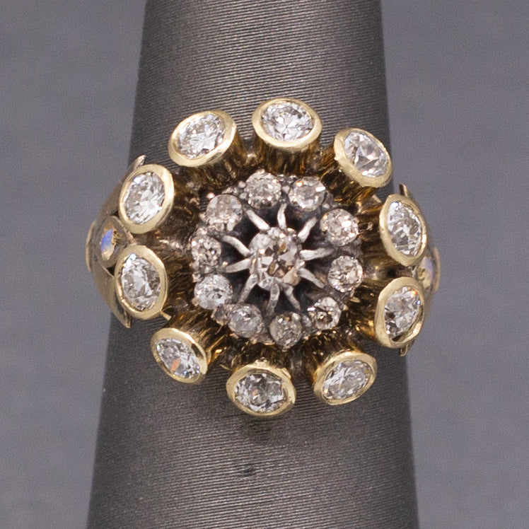Vintage Old Mine and Old European Cut Diamond Cocktail Ring in 14k Yellow Gold