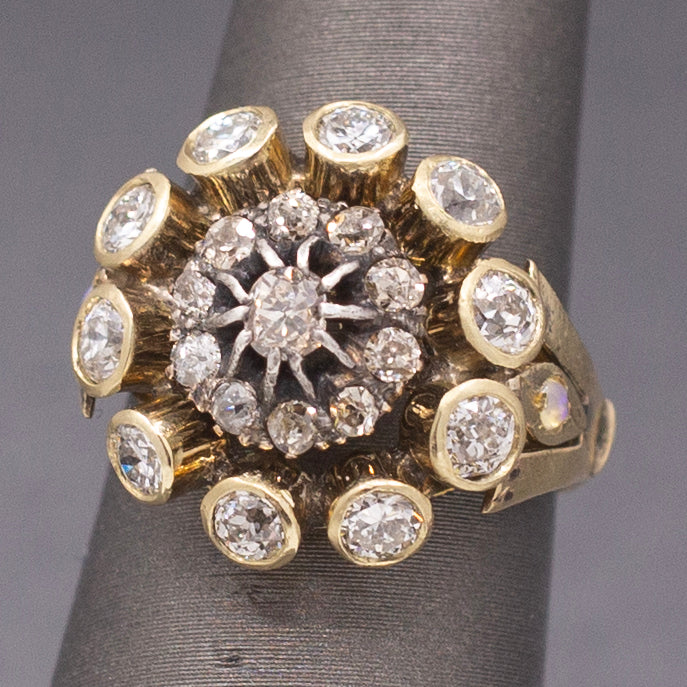 Vintage Old Mine and Old European Cut Diamond Cocktail Ring in 14k Yellow Gold