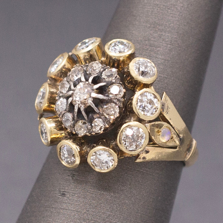Vintage Old Mine and Old European Cut Diamond Cocktail Ring in 14k Yellow Gold