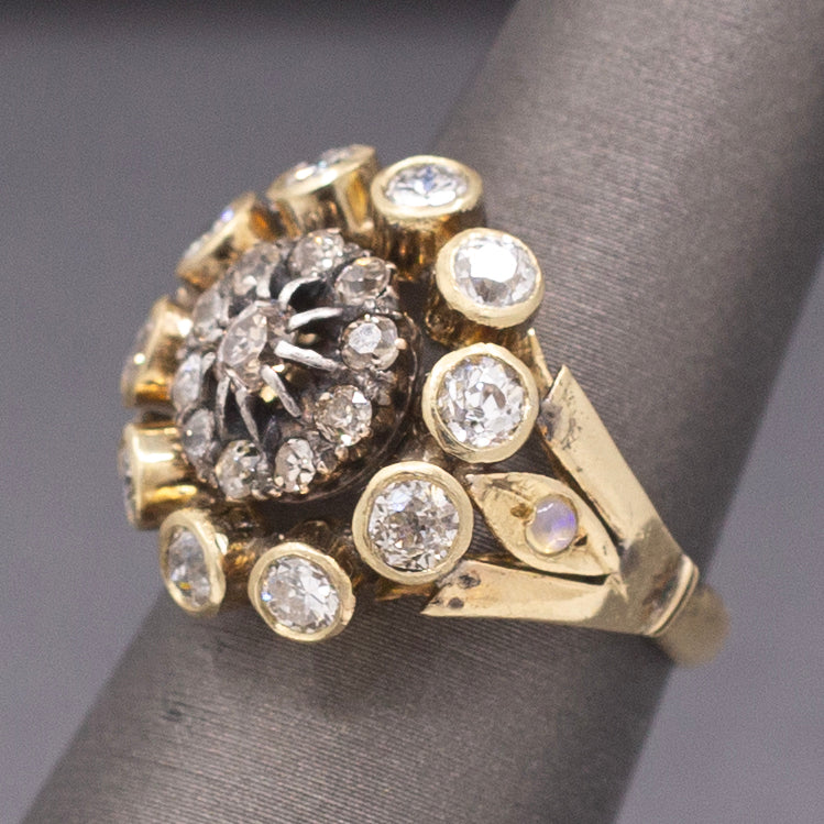 Vintage Old Mine and Old European Cut Diamond Cocktail Ring in 14k Yellow Gold