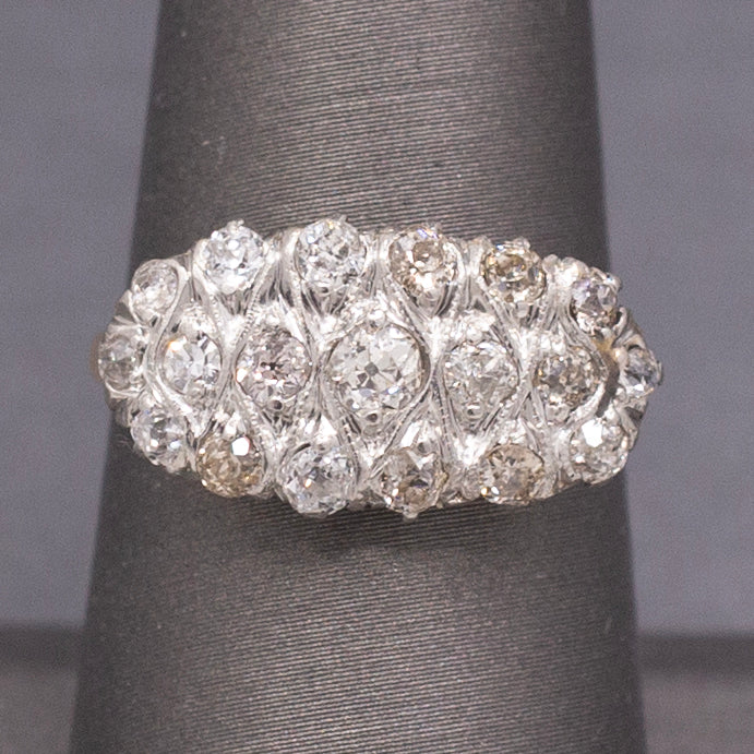 Antique Edwardian Low Profile Old Mine Cut Diamond Pave Ring in 14k and Platinum