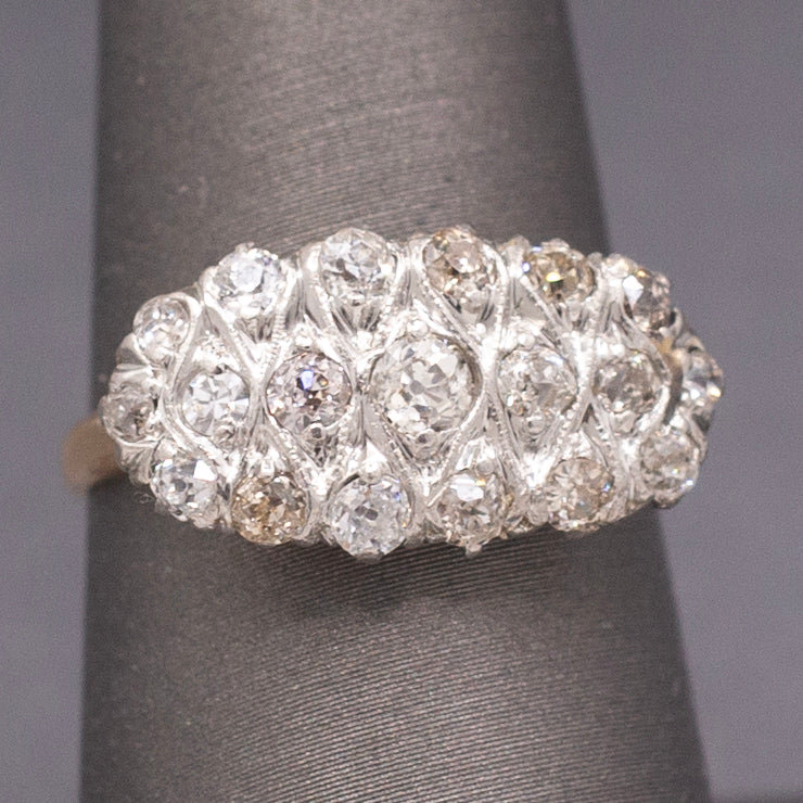 Antique Edwardian Low Profile Old Mine Cut Diamond Pave Ring in 14k and Platinum