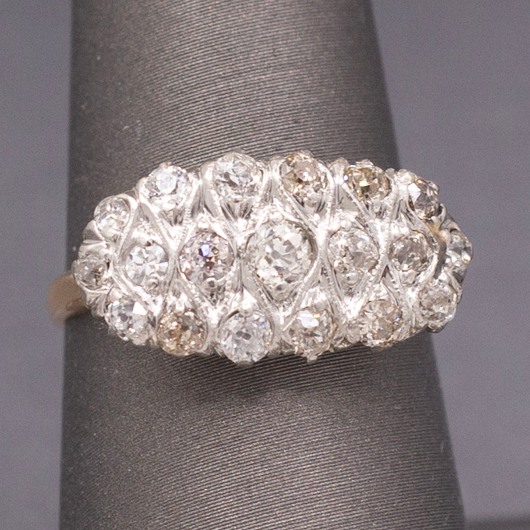 Antique Edwardian Low Profile Old Mine Cut Diamond Pave Ring in 14k and Platinum