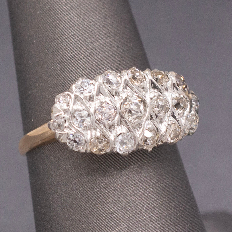 Antique Edwardian Low Profile Old Mine Cut Diamond Pave Ring in 14k and Platinum