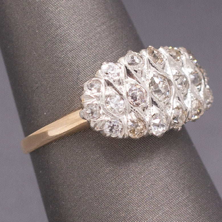 Antique Edwardian Low Profile Old Mine Cut Diamond Pave Ring in 14k and Platinum