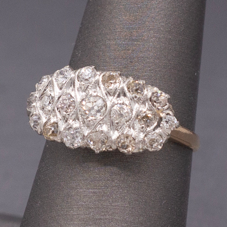 Antique Edwardian Low Profile Old Mine Cut Diamond Pave Ring in 14k and Platinum