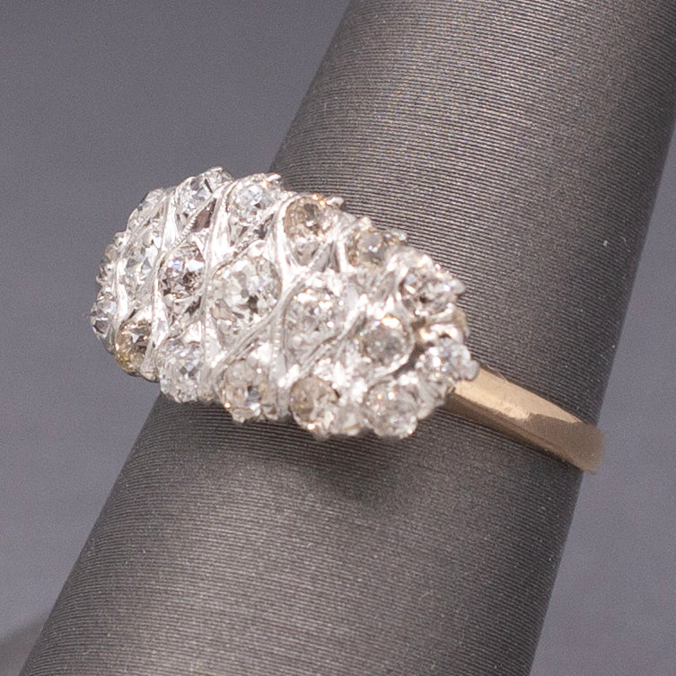 Antique Edwardian Low Profile Old Mine Cut Diamond Pave Ring in 14k and Platinum