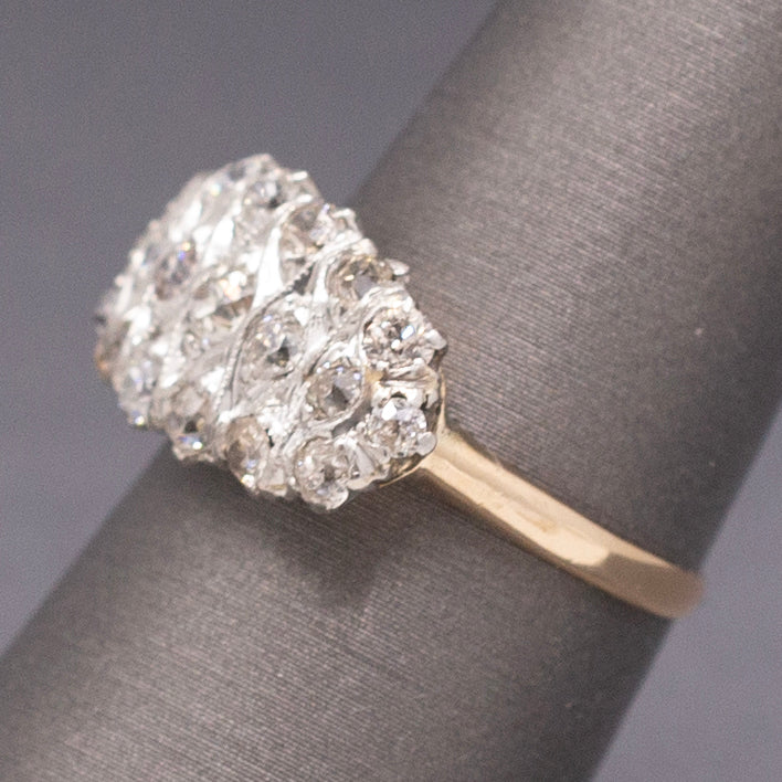 Antique Edwardian Low Profile Old Mine Cut Diamond Pave Ring in 14k and Platinum