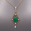 Edwardian Antique Chrysoprase Pearl and Diamond Lavalier Necklace in 14k Yellow Gold