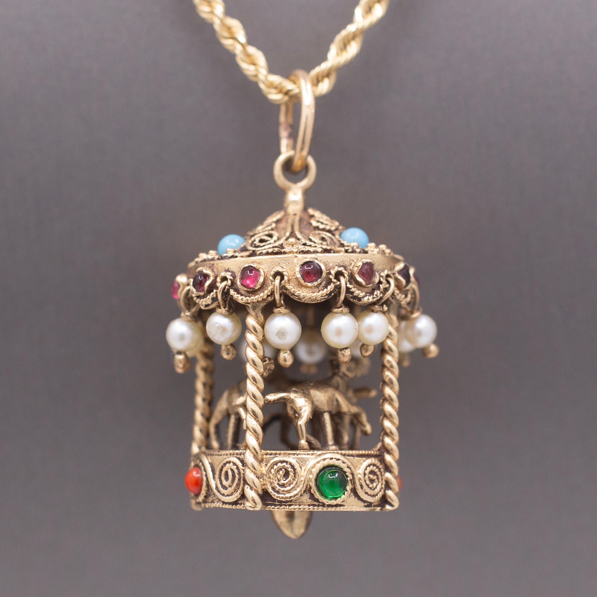 Whimsical Vintage Etruscan Style Merry Go Round Carousel Charm Pendant in 14k Yellow Gold