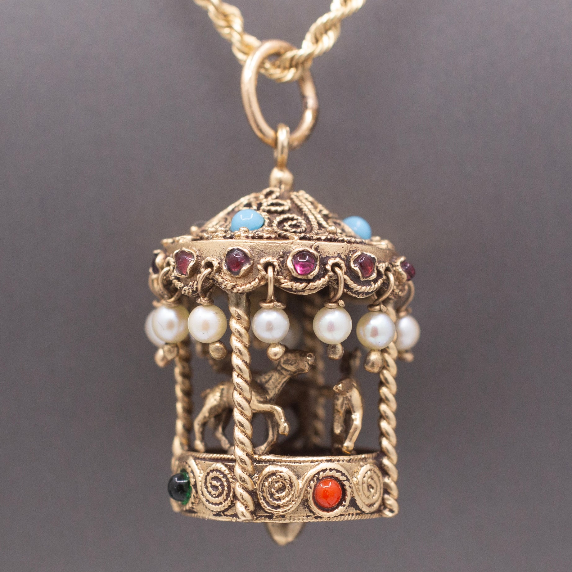 Whimsical Vintage Etruscan Style Merry Go Round Carousel Charm Pendant in 14k Yellow Gold