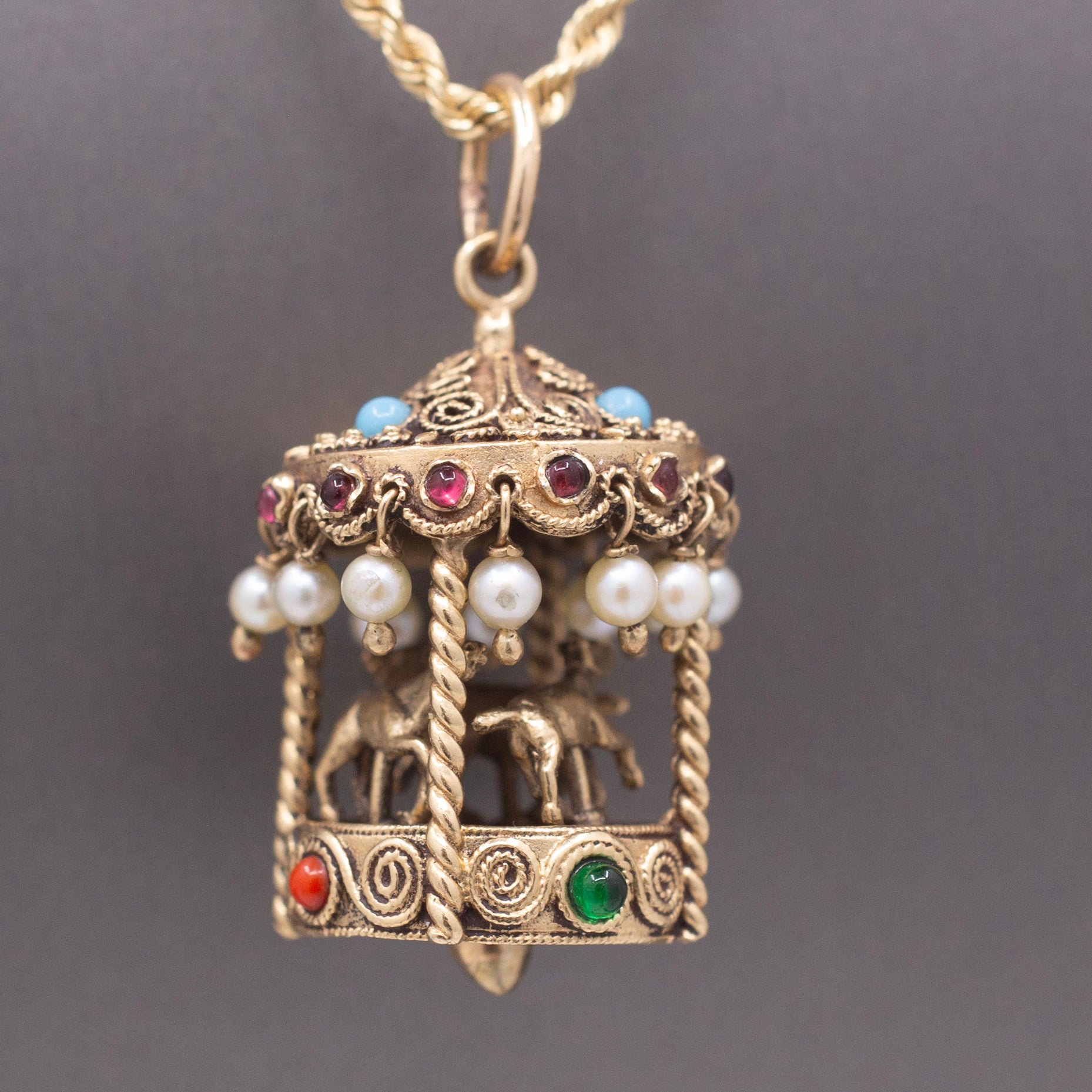 Whimsical Vintage Etruscan Style Merry Go Round Carousel Charm Pendant in 14k Yellow Gold