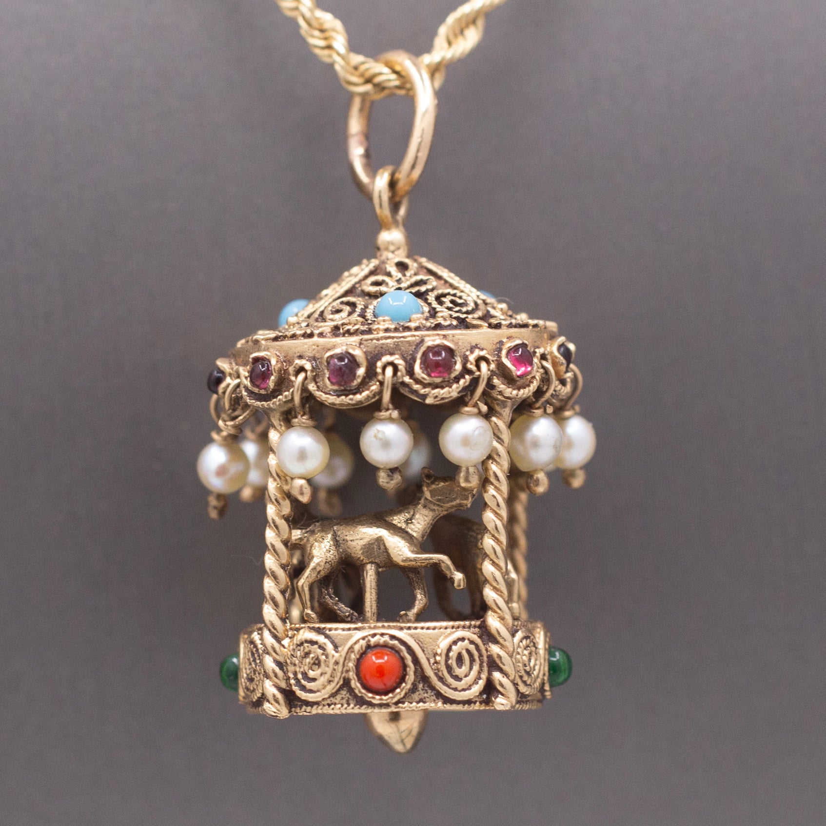 Whimsical Vintage Etruscan Style Merry Go Round Carousel Charm Pendant in 14k Yellow Gold