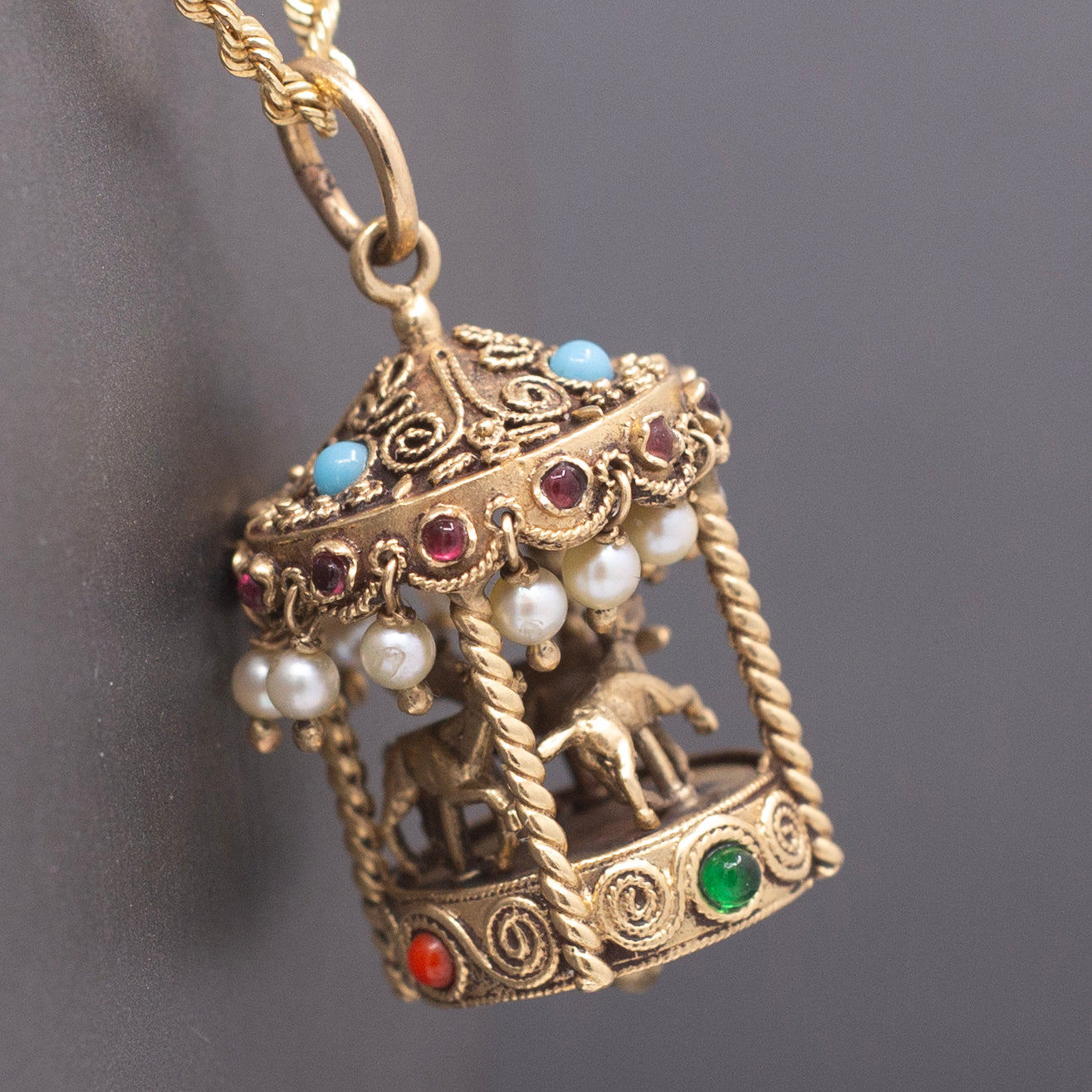 Whimsical Vintage Etruscan Style Merry Go Round Carousel Charm Pendant in 14k Yellow Gold