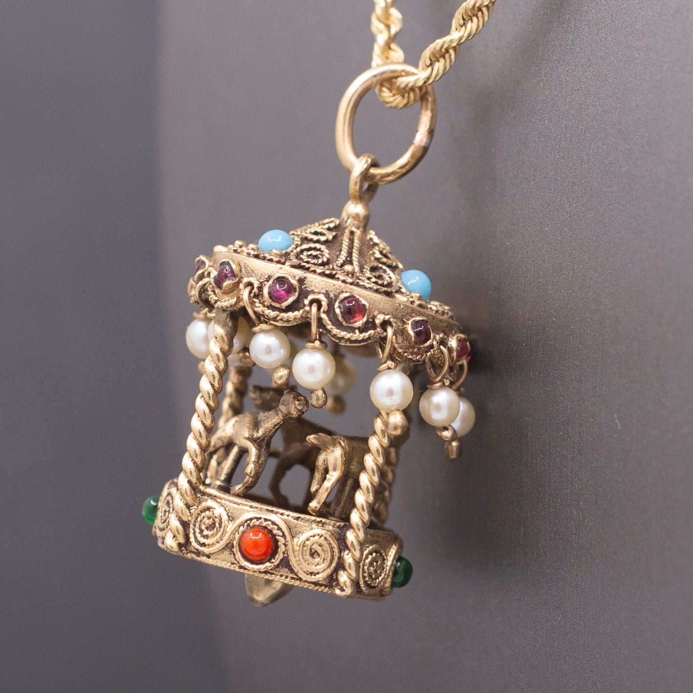 Whimsical Vintage Etruscan Style Merry Go Round Carousel Charm Pendant in 14k Yellow Gold