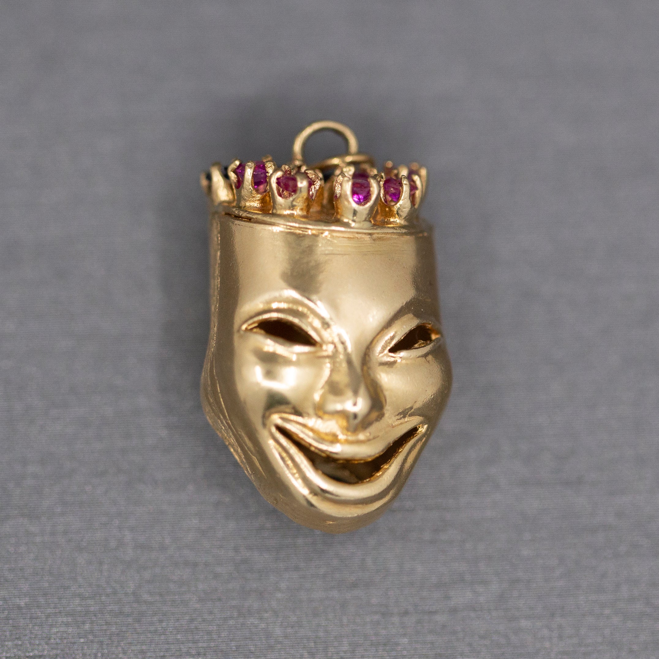 Fantastic Large Theatre Happy and Sad Face Double Sided Pendant Charm with Rubies and Sapphires in 14k Yellow Gold