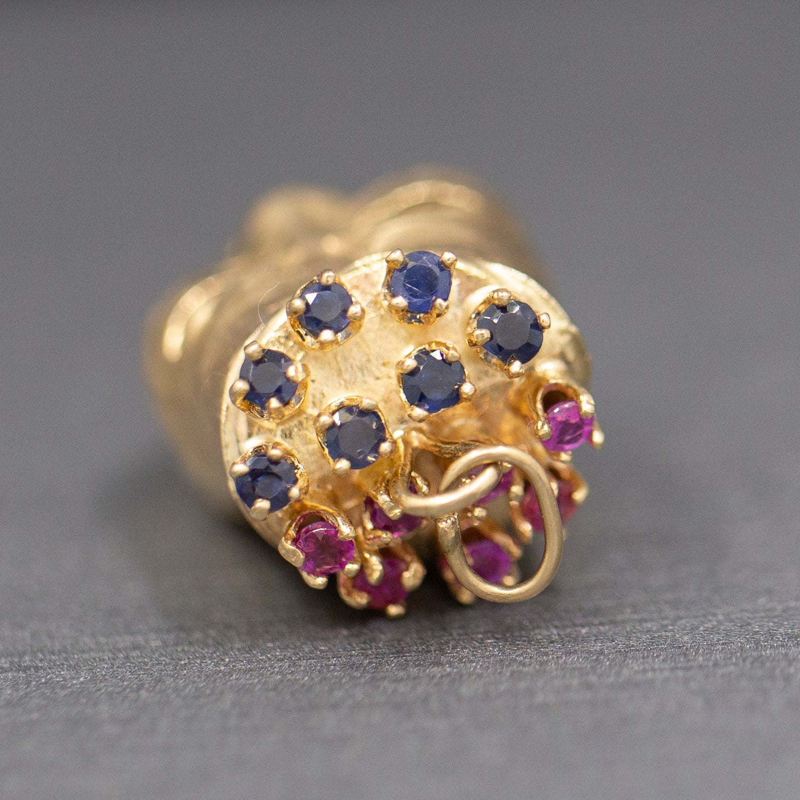 Fantastic Large Theatre Happy and Sad Face Double Sided Pendant Charm with Rubies and Sapphires in 14k Yellow Gold