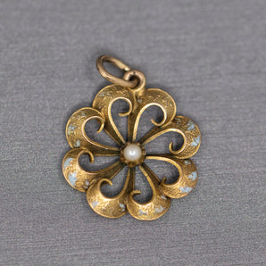 Sweet Victorian Enamel and Pearl Flower Style Pendant Charm in 14k Yellow Gold
