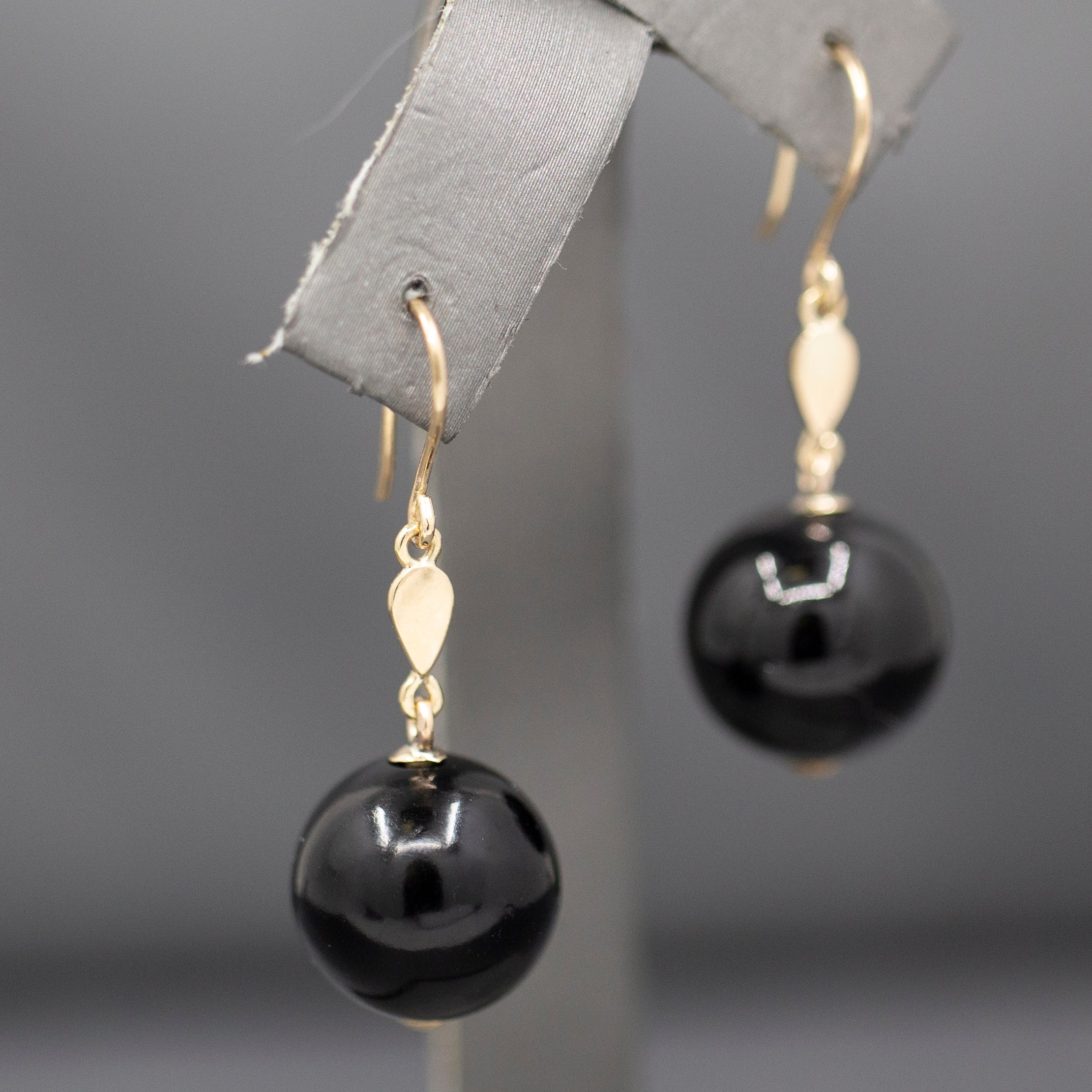 Antique Victorian Mourning Dangle Earrings with Onyx in 14k Yellow Gold