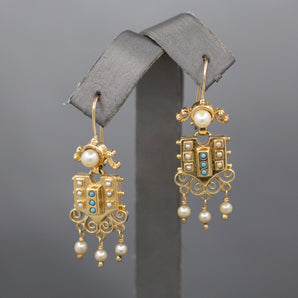 Lovely Antique Victorian Pearl and Turquoise Dangling Earrings in 14k Yellow Gold