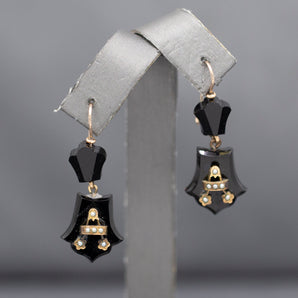 Soulful Black Onyx and Pearl Victorian Antique Mourning Earrings in 14k Yellow Gold